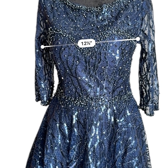 MAC DUGGAL HIGH NECK ABOVE ELBOW SLEEVE EMBELLISHED ALINE NAVY MIDI DRESS 4 - Picture 11 of 14